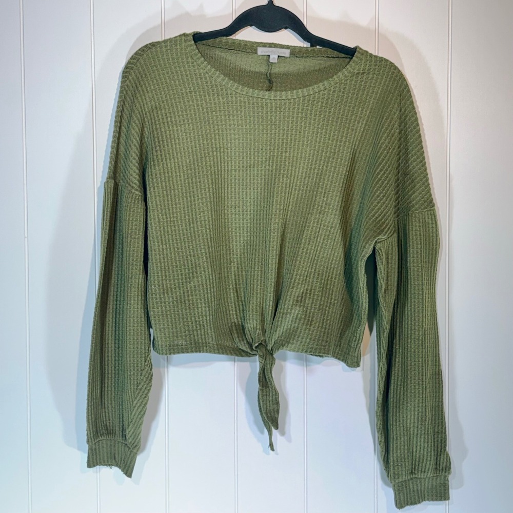 Charlotte Russe Olive Green Waffle Knit Tie Front Cropped Thermal Top Medium